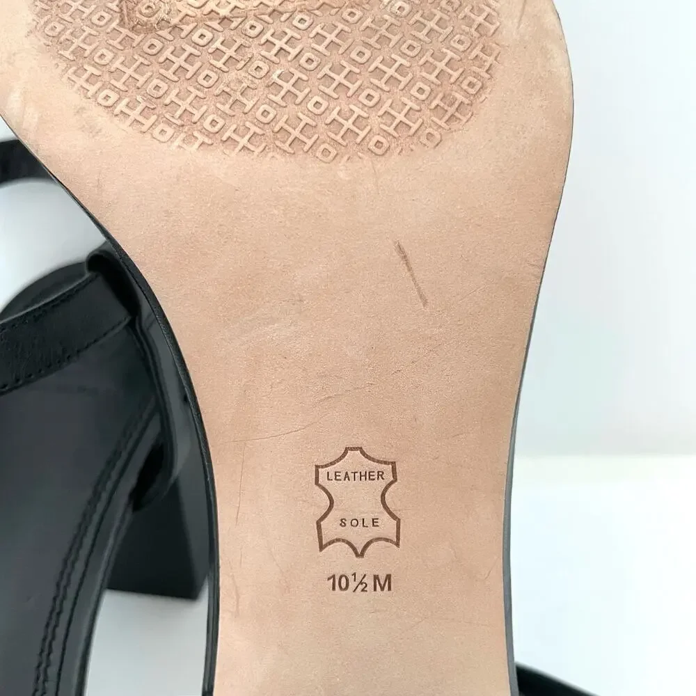Tory Burch Black Leather Block Heel Sandals with Gold Buckle